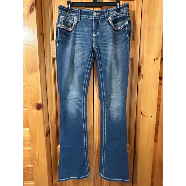 Miss Me Women's Bootcut Jeans Blue Embellished‎ Thick Stitch Low Rise Size 28 - Image 2