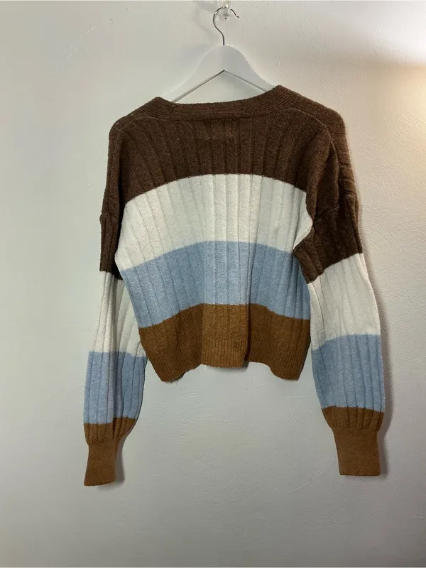 Pink Rose Striped V-Neck Cropped Cardigan in Brown, Light Blue & White Size Larg - Image 2