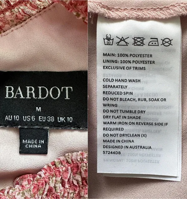 Bardot Dress Georgette Soft Floral Tiered Shirred Mini Long Sleeve Pink M - Image 10