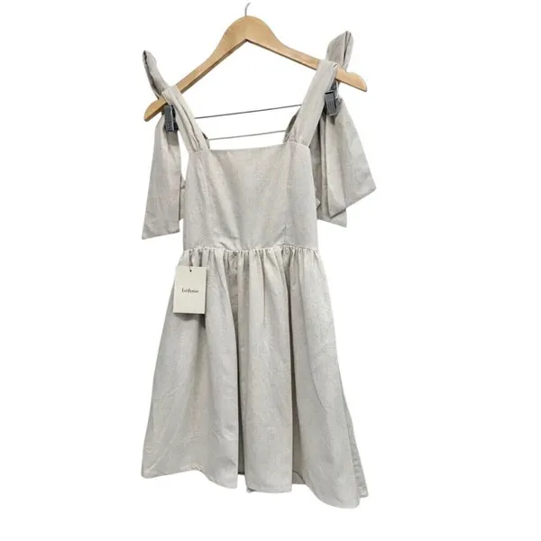 Miou Muse Linen Blend Tie Shoulder Mini Dress Oatmeal Beige Small Boho NWT - Image 4
