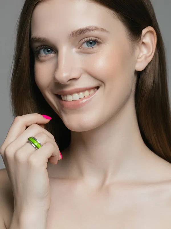 Women’s Stainless Steel Silver Dark & Light Green Cat Eye Design 6mm Size 9 - Image 2