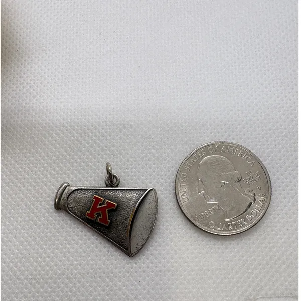 Vintage Megaphone Charm Silver Tone Red Enamel Letter K Cheerleader Pendant 4.2g - Image 5
