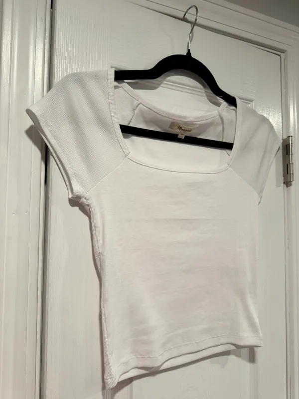 NWOT Madewell Size XS White Square Neck Short Sleeve Ribbed Stretch Cropped Top - Image 4