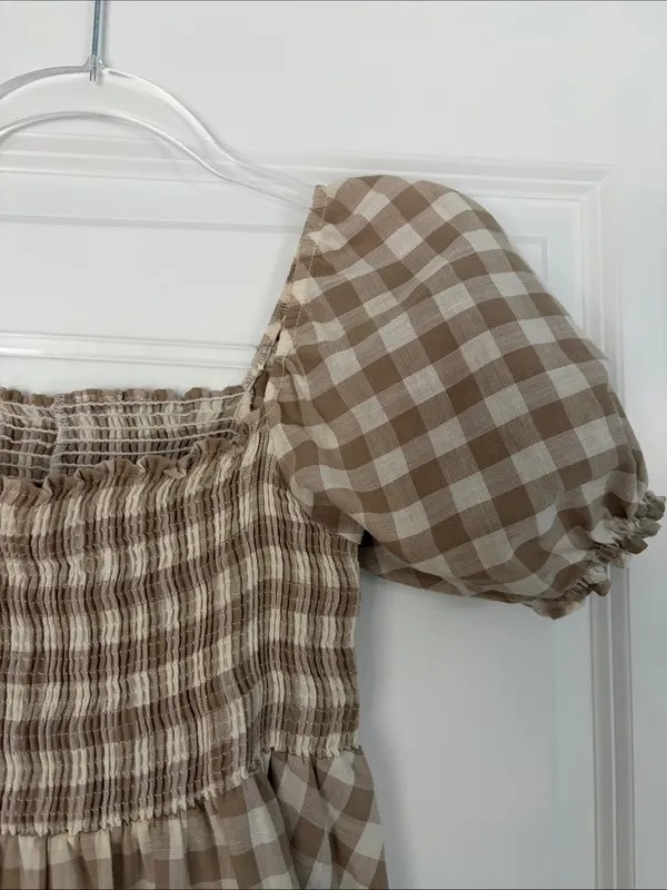 Peixoto Coco Beige and White Gingham Puff Sleeve Mini Dress Size Small - Image 6