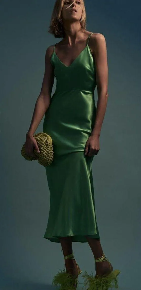ZARA Dress emerald green Slip Midi Satin Effect Maxi Wedding Party - Image 6