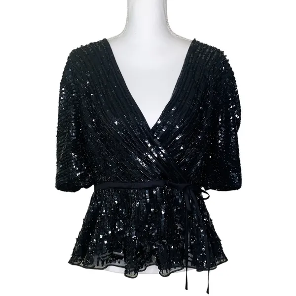 Mac Duggal R5694 Black Sequin Floral Faux Wrap Peplum Top L - Image 4