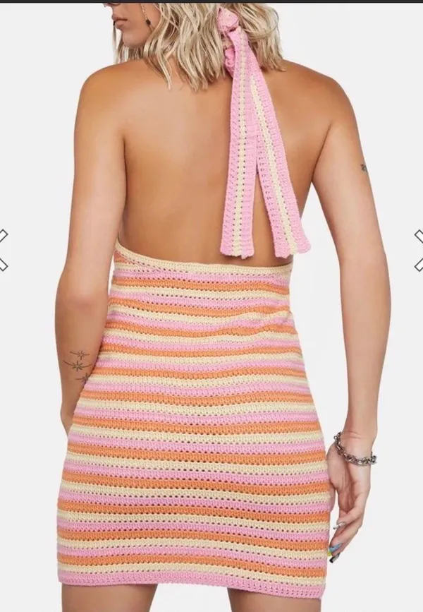 Princess Polly Crochet Tie Up Dress Pink Orange - Image 2