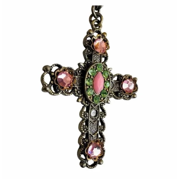 Vintage Victorian Revival Jeweled Cross Necklace Pink Green Rhinestones Beaded G - Image 4