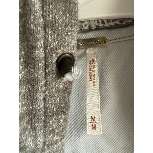 Free People Mixed Media Denim Jacket Light Wash Distressed Knit Hooded Grey M - Image 4