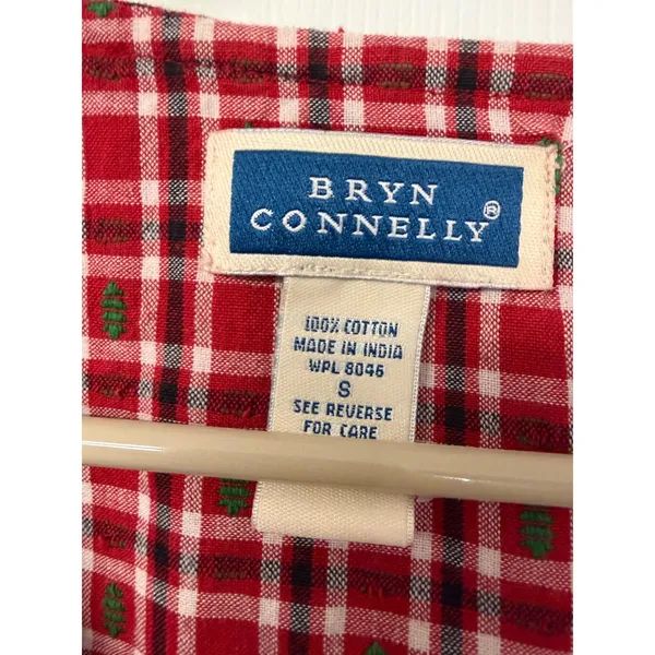Bryn Connelly Red Plaid Pine Tree Embroidered Cotton Button Front Midi Dress S - Image 3