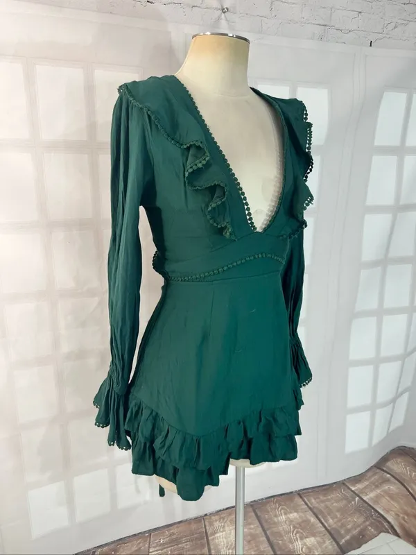 Altar’d State Green V-Neck Lace Up Back Ruffle Layered Mini Dress Size Medium - Image 2