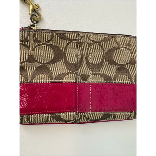 Coach Signature Stripe Wristlet Khaki Jacquard with Raspberry Pink Leather Trim - Image 4