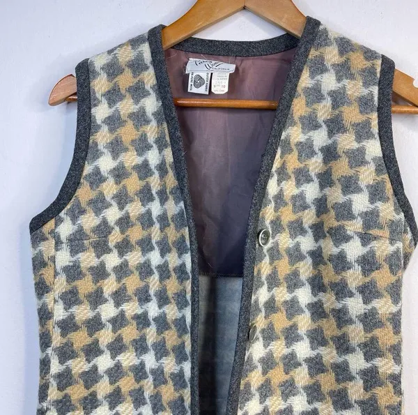 Vintage 60s 70s Patty Woodard Wool houndstooth Plaid Long mod Vest womens 10 S M - Image 2