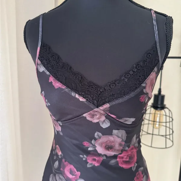 Motel Rocks Black Floral Lace Trim Mini Dress XS Goth Slip Y2K - Image 3