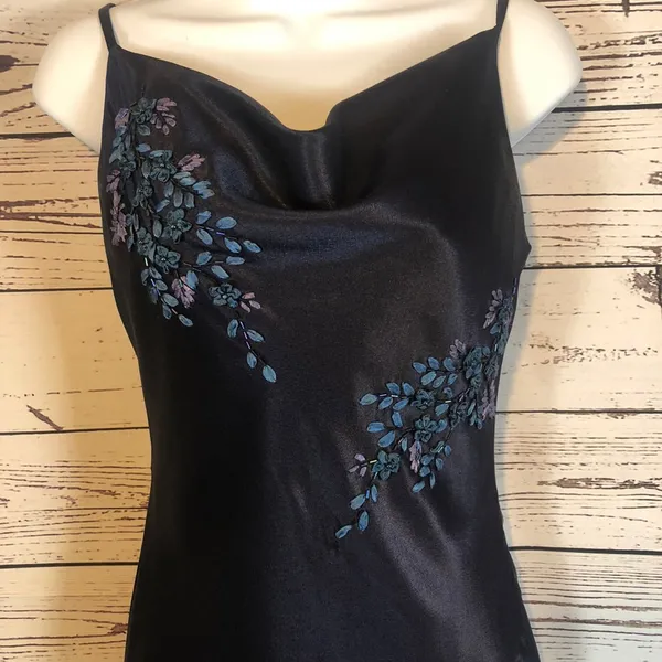 Y2K Alex Evenings navy beaded slip cowl neck floral satin formal Gown small - Image 17