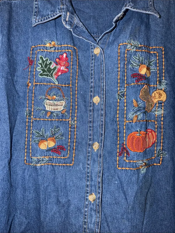 Vintage 90s Denim Shirt Pumpkin Embroidered Jean Shirt cottagecore granny teach - Image 3