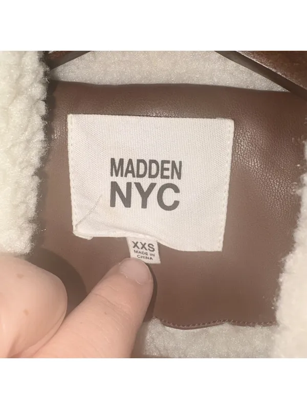 Madden NYC Brown Faux Leather & Sherpa Moto Jacket Size XXS - Image 5