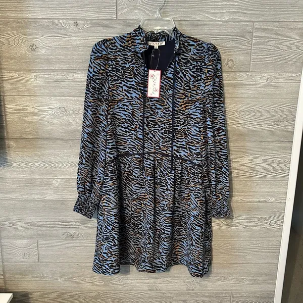 Joy Joy Women Animal Print Blue Tie Neck Long Sleeve Tiered Dress XS‎ - Image 2