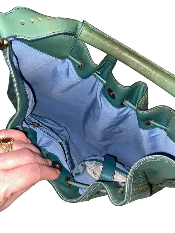 Y2K Vintage Cole Haan Teal Leather Drawstring brass studded Hobo Bag Boho fairy - Image 7