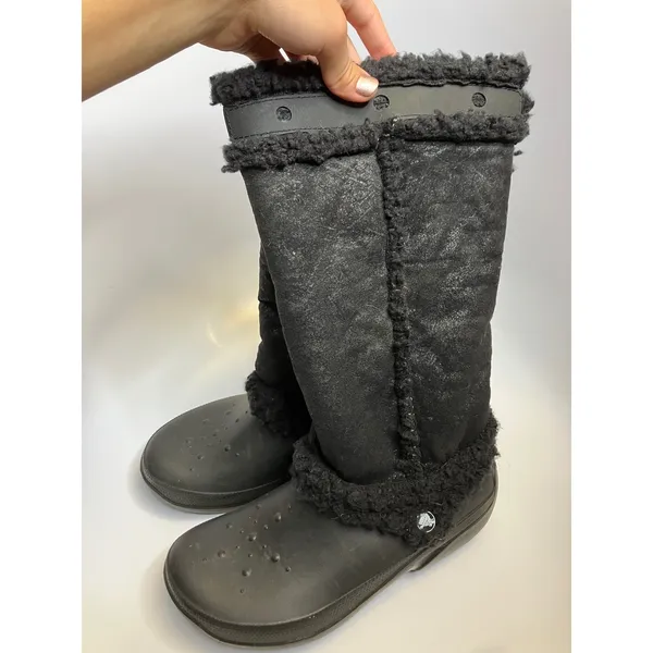 Crocs Winter Boots Women Size 9 Black Good Faux Fur Lined Tall Mid-Calf Boots - Image 3