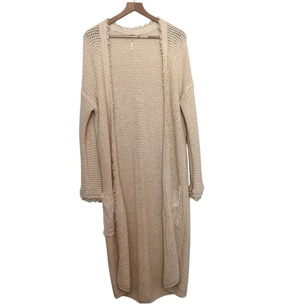 Free People Wouldn't Knit Be Nice L LongLine Ivory open front Cardigan - Image 2