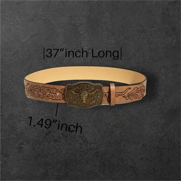 Western Bull Head Buckle Unisex‎ Belt Vintage Embossed Brown PU Leather Belt - Image 10