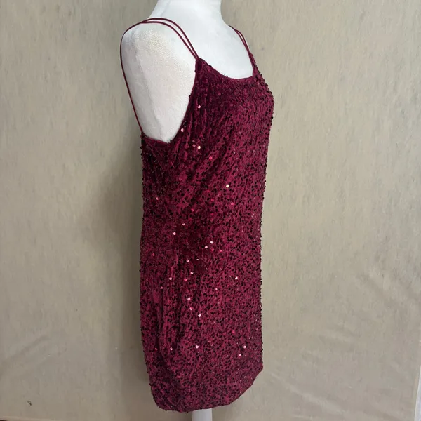 Sequin Velvet Mini Dress Burgundy Bodycon Strappy Party Hoco Glam Formal NYE XL - Image 3