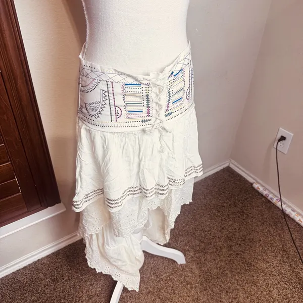 Boho Gypsy Skirt Ivory Ruffle High Low lace trim corset waist lace up sz M - Image 3