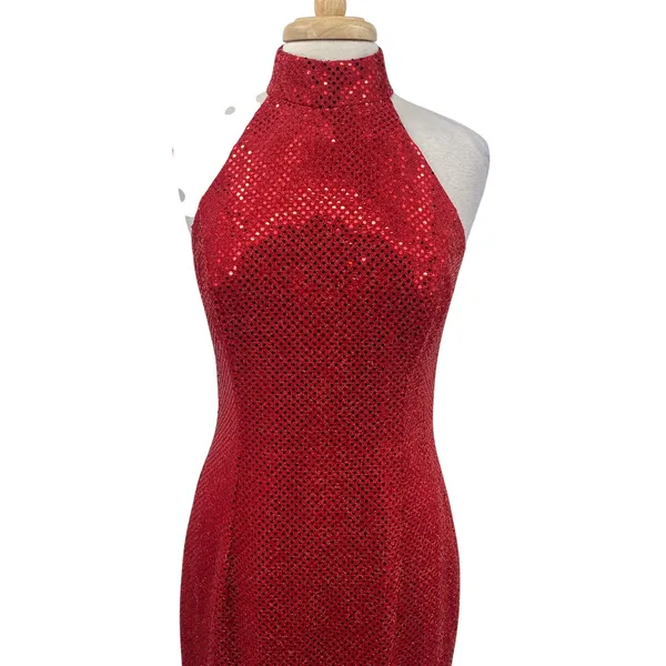 Vintage 90s Sequined High Neck Gown Open Back Maxi Dress Red Womens 8 - Image 4
