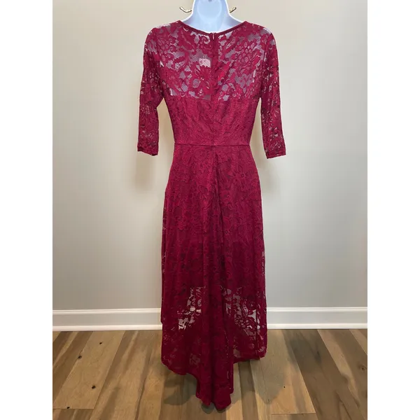 Anette NWT Small Red Wine Lace Dress High Low Hem Sheer Sleeves Lined - Image 4
