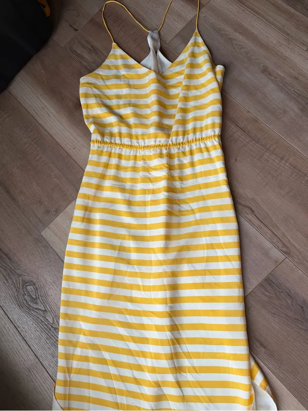 J.Crew 100% Silk Yellow White Striped Maxi Dress Side Slits - Image 2