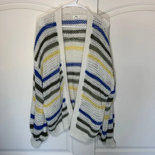 Aerie Slouchy Cardigan Sweater Medium White Multi Stripe Open Knit Boho Oversize - Image 2