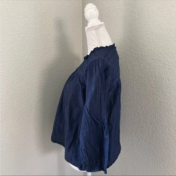 Anthropologie Maeve Navy Striped Long Sleeve Keyhole Back Pleated Blouse Size M - Image 2