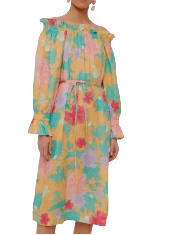 Ephemera Spalla Negroni Linen Floral Off-Shoulder Maxi Dress Long Sleeve XS/S - Image 3