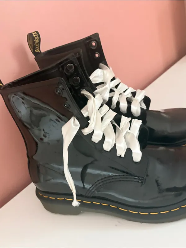 Dr. Martens Black Patent Leather Lace-Up Boots with White Laces - Image 2