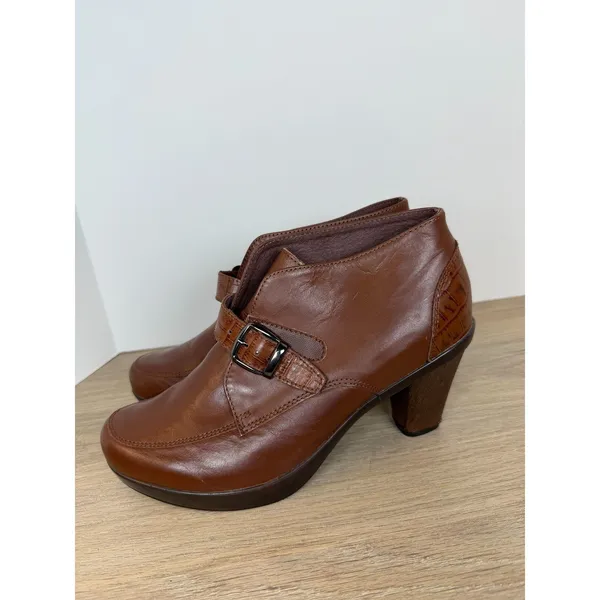 Sanita Ankle Boots Women 39 Brown Leather Buckle Croc Embossed Heeled Booties - Image 3