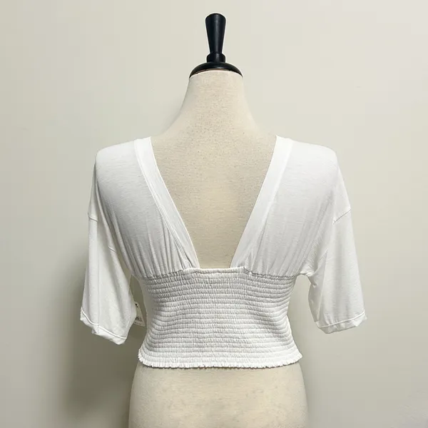 Free People Movement White Smocking Hot Wide Neck Open Back Short Sleeve Top New - Image 4
