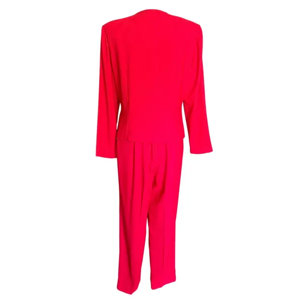 Vintage Red 2 Piece Pant Suit‎ Asymmetrical Button Blazer Pleated Trousers 1980s - Image 6