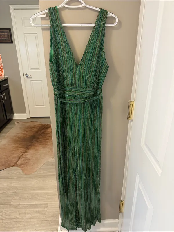 4si3nna Shimmering Green Pleated Wide-Leg Jumpsuit S - Image 2