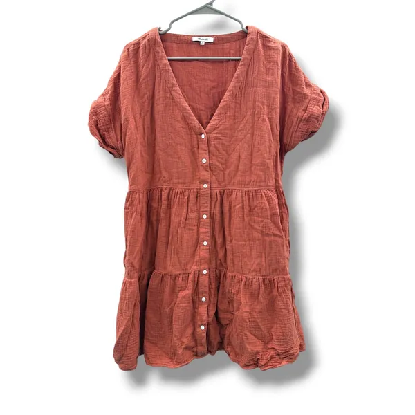 Madewell Lightspun Tiered Mini Dress Womens M Rust Gauze Button Front Cotton - Image 3