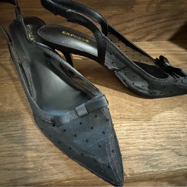 Express Black Pointed Toe mesh dot Slingback Heels with Bow Accent 8 - Image 6