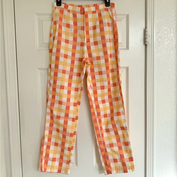 Free People She's All That Printed Checker Pants Orange‎ Yellow White 4 High Rise - Image 5