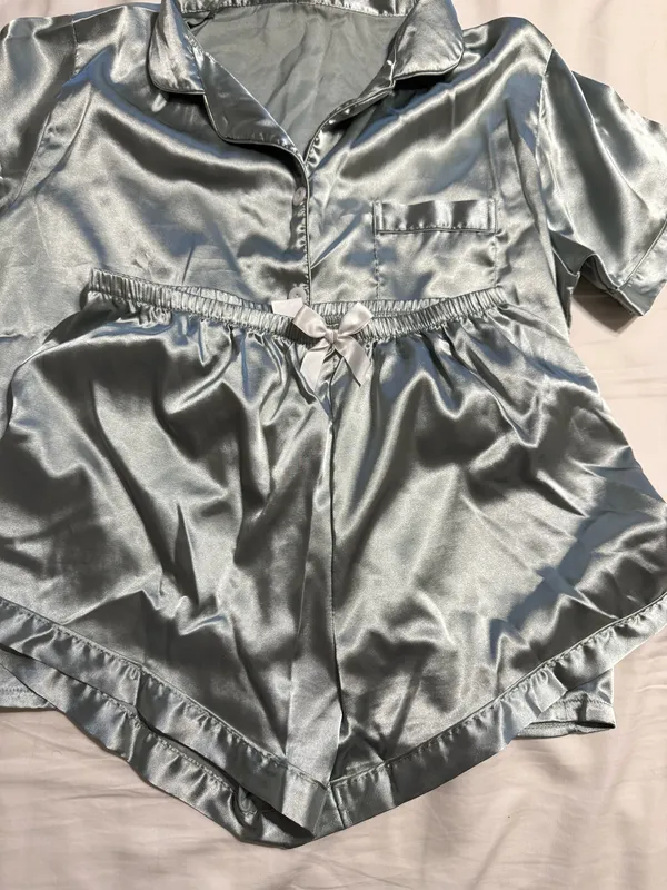 Mint Green Blue Satin Button-up Pajama Set Shorts Shortsleeve Women Large - Image 6