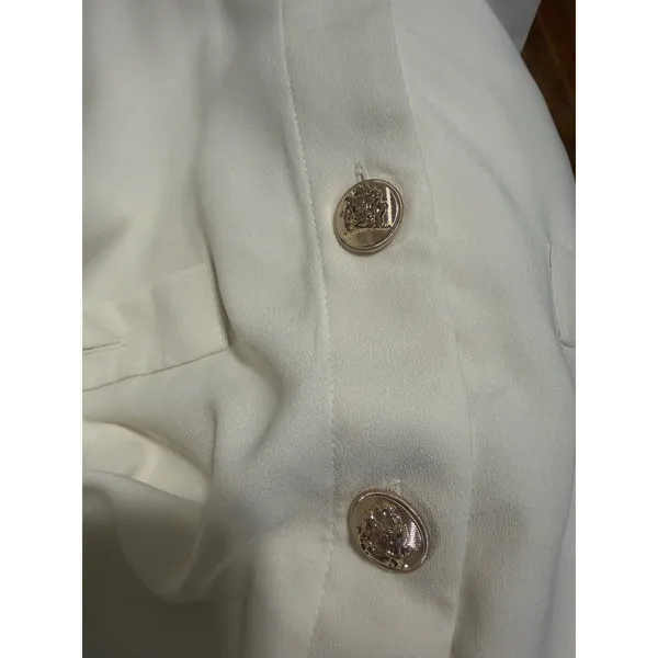 Ann Taylor Womens 12 Cream Crepe Mock Neck‎ Gold Button Belted Puff Sleeve Dress - Image 10