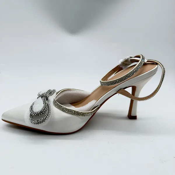 ZAPATOCK White Satin Rhinestone Bow Pointed Toe Stiletto Pumps Wedding Heels 6.5 - Image 3