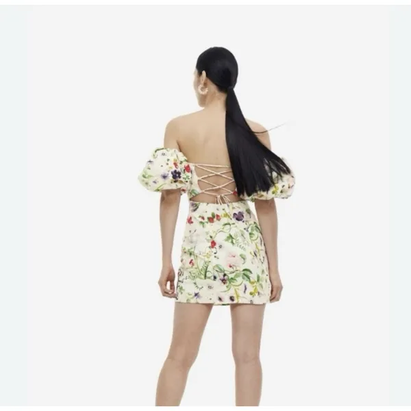 H&M Linen Blend Floral Off Shoulder Puff Sleeve LaceUp Back Dress size M -42 - Image 2