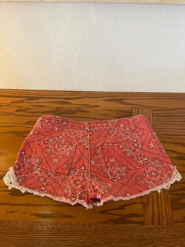 Vanilla Star Coral Red Bandana Print Denim Shorts with Lace Trim - Image 6