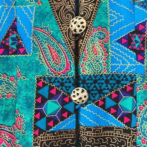 Vintage Boho Eclectic Patchwork Print Blazer Ornate Button Jacket Size 10 artsy Blue - Image 3