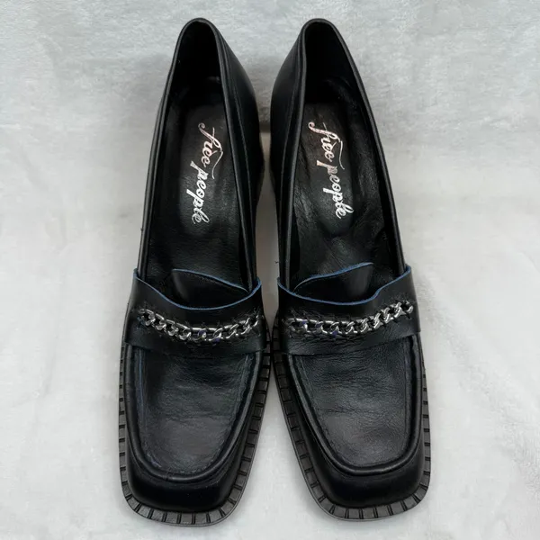 Free People Hayden Black Leather‎ Heeled Loafers Chain Accent Size 41 US 10 - Image 2