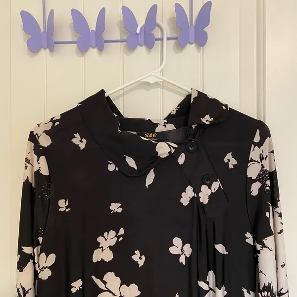 EUC Vintage R & B collection women’s black white‎ floral collared button dress L - Image 2